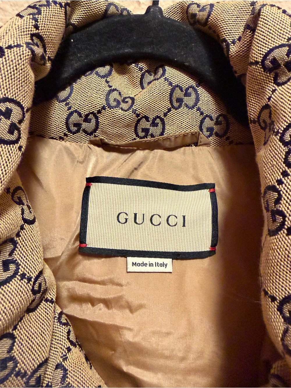 New Authentic Gucci GG Supreme Puffer Jacket Coat Tan Navy Size IT 50 / US L